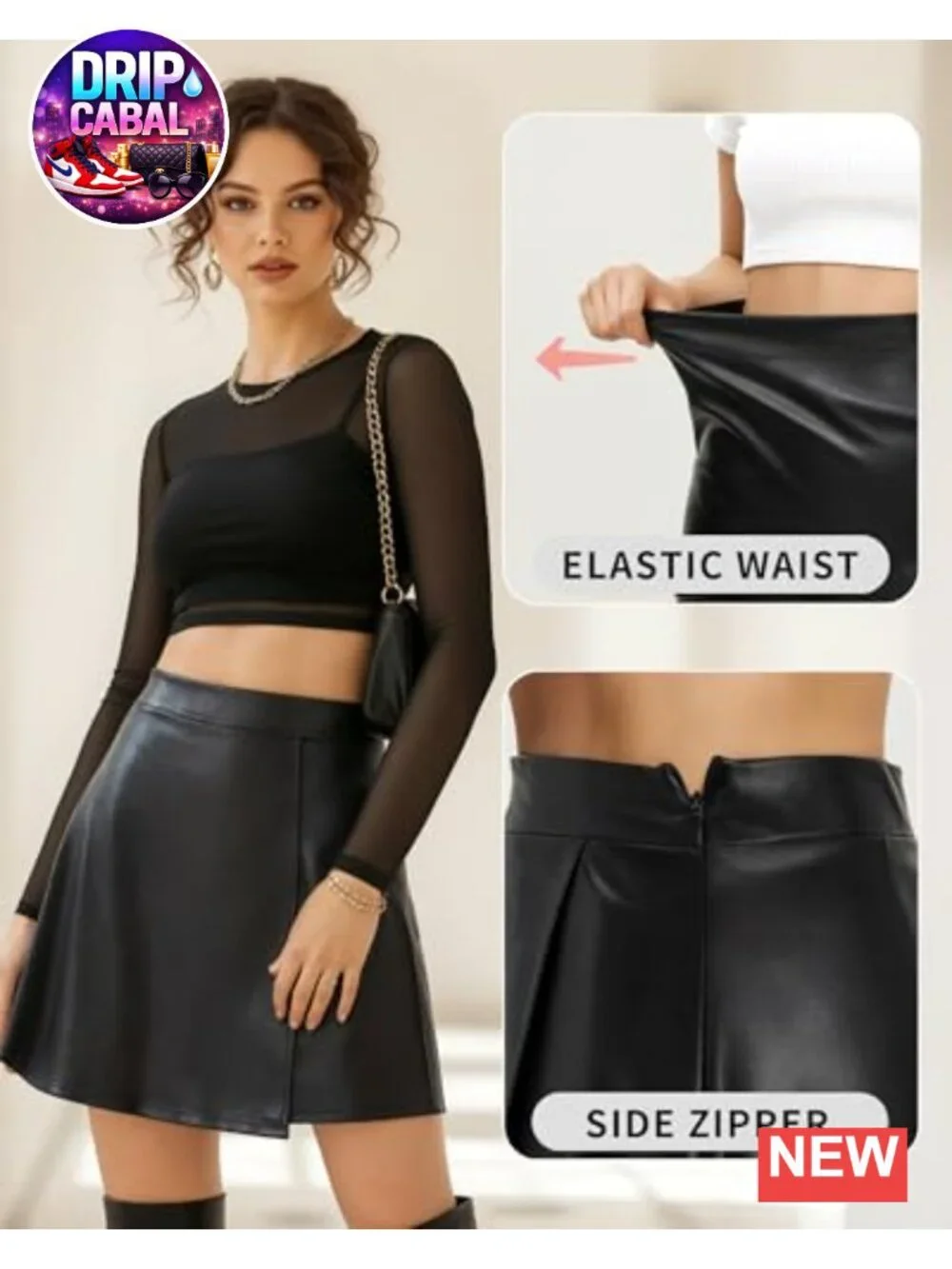 Faux Leather High Waist A-Line Mini Skirt with Side Zipper
